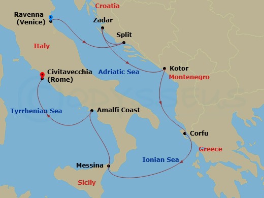 10 Night - Pre Venice Cruisetour - Norwegian Sun Tours - Starting in At Hotel, Venice (Ravenna), Italy, Split, Croatia, Zadar, Croatia, Kotor, Montenegro, Corfu, Greece, Messina, Italy, Amalfi Coast (Salerno), Italy, Civitavecchia Rome, Italy itinerary map