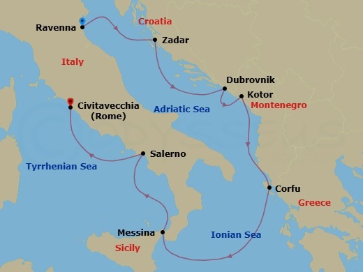 10 Night - Pre Venice Cruisetour - Norwegian Sun Tours - Starting in At Hotel, Venice (Ravenna), Italy, Zadar, Croatia, Dubrovnik, Croatia, Kotor, Montenegro, Corfu, Greece, Messina, Italy, Amalfi Coast (Salerno), Italy, Civitavecchia Rome, Italy itinerary map