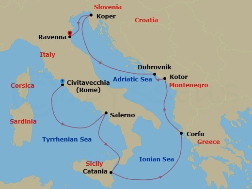 9 Night - Rome & Etruria Pre Cruisetour - Norwegian Sun Tours - Starting in At Hotel, Civitavecchia Rome, Italy, Amalfi Coast (Salerno), Italy, Catania, Italy, Corfu, Greece, Kotor, Montenegro, Dubrovnik, Croatia, Koper, Slovenia, Venice (Ravenna), Italy itinerary map