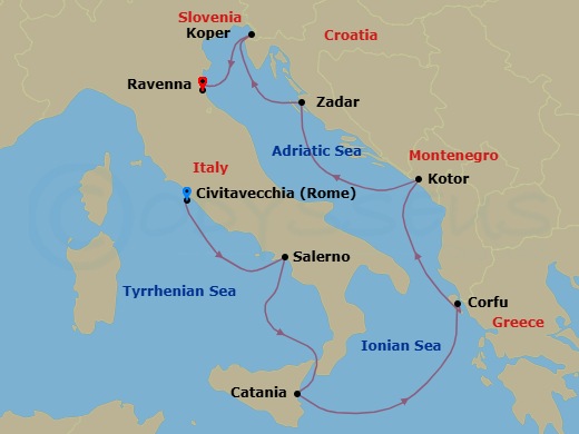 9 Night - Rome & Etruria Pre Cruisetour - Norwegian Sun Tours - Starting in At Hotel, Civitavecchia Rome, Italy, Amalfi Coast (Salerno), Italy, Catania, Italy, Corfu, Greece, Kotor, Montenegro, Zadar, Croatia, Koper, Slovenia, Venice (Ravenna), Italy itinerary map