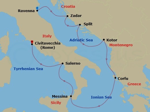 7 Night - Europe - Classic Mediterranean - Norwegian Sun - Starting in Venice (Ravenna), Italy, Zadar, Croatia, Split, Croatia, Kotor, Montenegro, Corfu, Greece, Messina, Italy, Amalfi Coast (Salerno), Italy, Civitavecchia Rome, Italy itinerary map