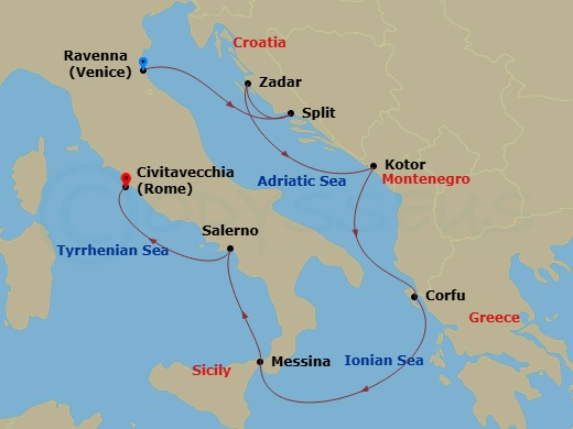 7 Night - Europe - Classic Mediterranean - Norwegian Sun - Starting in Venice (Ravenna), Italy, Split, Croatia, Zadar, Croatia, Kotor, Montenegro, Corfu, Greece, Messina, Italy, Amalfi Coast (Salerno), Italy, Civitavecchia Rome, Italy itinerary map