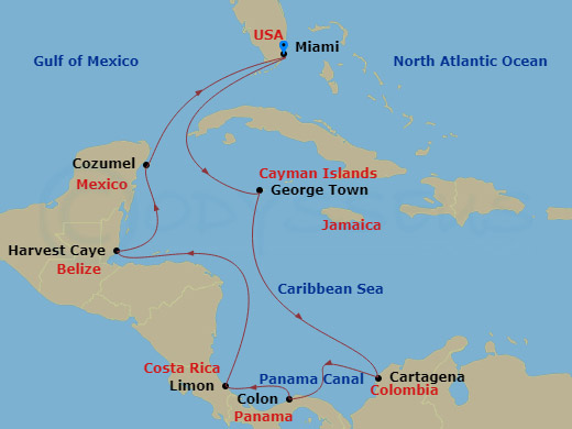 11 Night - Panama Canal - Miami - Norwegian Sun - Starting in Miami, Fl, George Town, Cayman Islands, Cartagena CO, Panama Canal Gatun Lake, Panama, Colon, Panama, Puerto Limon, Costa Rica, Harvest Caye, Belize, Cozumel, Mexico, Miami, Fl itinerary map