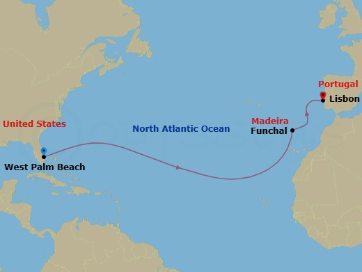 14 Night - Cruise from West Palm Beach to Lisbon - SeaDream I - Starting in Palm Beach, Funchal, Madeira, Lisbon itinerary map
