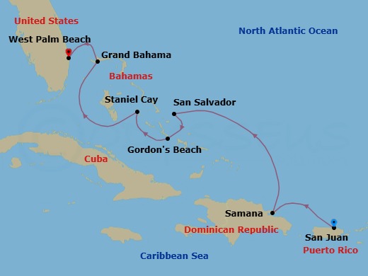 7 Night - Cruise from San Juan to West Palm Beach - SeaDream I - Starting in San Juan, Samana, San Salvador, Gordons Beach, Long Island, Staniel Cay, Exumas, Taino Beach, Grand Bahama, Palm Beach itinerary map