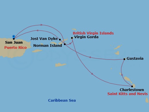 7 Night - Cruise Roundtrip from San Juan - SeaDream I - Starting in San Juan, Norman Island, Spanish Town, Virgin Gorda, Leverick Bay, Virgin Gorda, Charlestown, Nevis, Gustavia, White Bay, Jost van Dyke, San Juan itinerary map