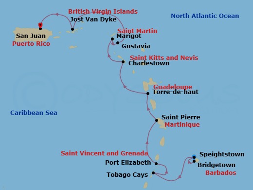 10 Night - Cruise from Bridgetown to San Juan - SeaDream I - Starting in Bridgetown, Barbados, Speightstown, Tobago Cays, Port Elizabeth VC, Bequia, St Pierre, Terre De Haut, Iles des Saintes, Charlestown, Nevis, South Friars Bay, Marigot, Gustavia, White Bay, Jost van Dyke, San Juan itinerary map