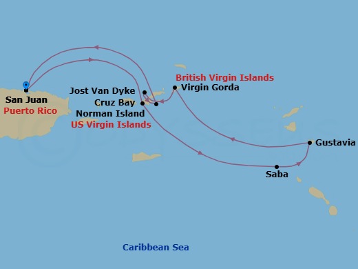 7 Night - Cruise Roundtrip from San Juan - SeaDream I - Starting in San Juan, St John VI (Cruz Bay), US Virgin Islands, Saba, Gustavia, Spanish Town, Virgin Gorda, Leverick Bay, Virgin Gorda, White Bay, Jost van Dyke, Norman Island, San Juan itinerary map