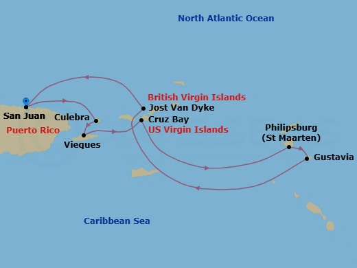 6 Night - Cruise Roundtrip from San Juan - SeaDream I - Starting in San Juan, Culebra, Esperanza, Vieques Island, St John VI (Cruz Bay), US Virgin Islands, Philipsburg, Gustavia, White Bay, Jost van Dyke, San Juan itinerary map