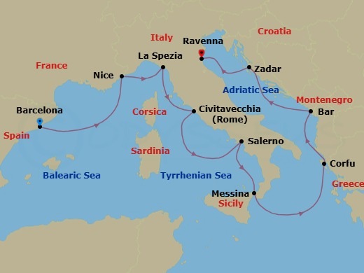 12 Night - Explore Barcelona Pre Cruisetour - Norwegian Viva Tours - Starting in At Hotel, Barcelona, Spain, Nice / Monaco (Villefranche), France, La Spezia, Italy, Civitavecchia Rome, Italy, Amalfi Coast (Salerno), Italy, Messina, Italy, Corfu, Greece, Montenegro, Zadar, Croatia, Venice (Ravenna), Italy itinerary map