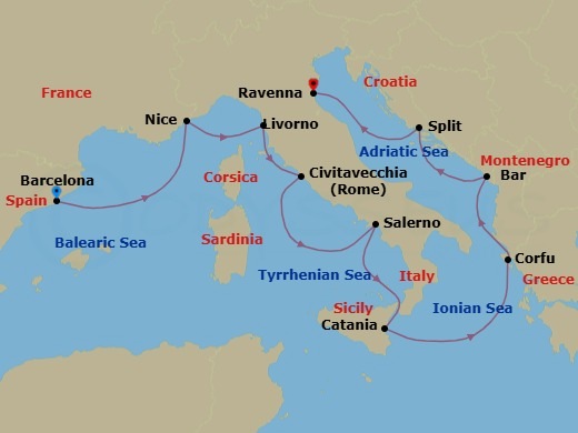12 Night - Explore Barcelona Pre Cruisetour - Norwegian Viva Tours - Starting in At Hotel, Barcelona, Spain, Nice / Monaco (Villefranche), France, Livorno / Florence / Pisa, Italy, Civitavecchia Rome, Italy, Amalfi Coast (Salerno), Italy, Catania, Italy, Corfu, Greece, Montenegro, Split, Croatia, Venice (Ravenna), Italy itinerary map
