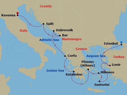 10 Night - Greek Isles & Italy - Norwegian Viva - Starting in Istanbul, Turkey, Izmir / Ephesus, Turkey, Santorini Island, Greece, Mykonos, Greece, Piraeus / Athens, Greece, Olympia / Katakolon, Greece, Corfu, Greece, Dubrovnik, Croatia, Montenegro, Split, Croatia, Venice (Ravenna), Italy itinerary map