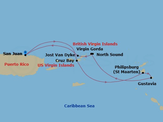 6 Night - Cruise Roundtrip from San Juan - SeaDream I - Starting in San Juan, St John VI (Cruz Bay), US Virgin Islands, Philipsburg, Gustavia, Spanish Town, Virgin Gorda, North Sound, Virgin Gorda, White Bay, Jost van Dyke, San Juan itinerary map