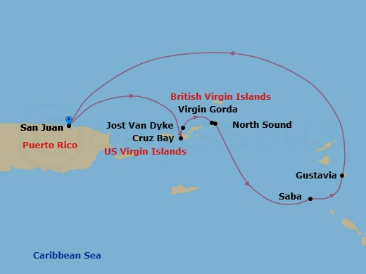 7 Night - Cruise Roundtrip from San Juan - SeaDream I - Starting in San Juan, St John VI (Cruz Bay), US Virgin Islands, White Bay, Jost van Dyke, Spanish Town, Virgin Gorda, North Sound, Virgin Gorda, Saba, Gustavia, San Juan itinerary map