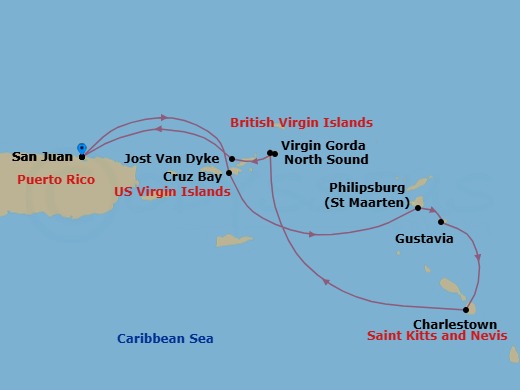 7 Night - Cruise Roundtrip from San Juan - SeaDream I - Starting in San Juan, St John VI (Cruz Bay), US Virgin Islands, Philipsburg, Gustavia, Charlestown, Nevis, Spanish Town, Virgin Gorda, North Sound, Virgin Gorda, White Bay, Jost van Dyke, San Juan itinerary map