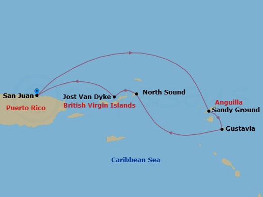 7 Night - Cruise Roundtrip from San Juan - SeaDream I - Starting in San Juan, Sandy Ground, Gustavia, North Sound, Virgin Gorda, White Bay, Jost van Dyke, San Juan itinerary map