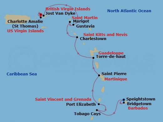 10 Night - Cruise from Bridgetown to St Thomas (Charlotte Amalie) - SeaDream I - Starting in Bridgetown, Barbados, Speightstown, Tobago Cays, Port Elizabeth VC, Bequia, St Pierre, Terre De Haut, Iles des Saintes, Charlestown, Nevis, South Friars Bay, Marigot, Gustavia, White Bay, Jost van Dyke, Charlotte Amalie, St Thomas itinerary map