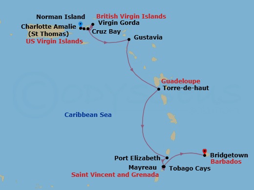 11 Night - Cruise from St Thomas (Charlotte Amalie) to Bridgetown - SeaDream I - Starting in Charlotte Amalie, St Thomas, St John VI (Cruz Bay), US Virgin Islands, Spanish Town, Virgin Gorda, Norman Island, Gustavia, South Friars Bay, Terre De Haut, Iles des Saintes, Port Elizabeth VC, Bequia, Tobago Cays, Mayreau, Bridgetown, Barbados itinerary map