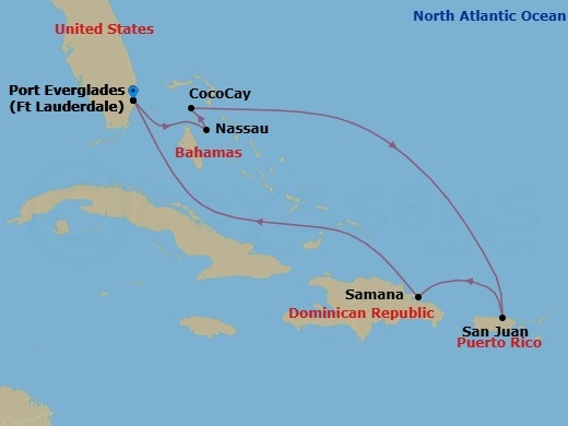 8 Night - Perfect Day Cococay & East Carib - Symphony of the Seas - Starting in Fort Lauderdale, Florida, Nassau, Bahamas, Perfect Day Cococay, Bahamas, San Juan, Puerto Rico, Samana, Dominican Republic, Fort Lauderdale, Florida itinerary map