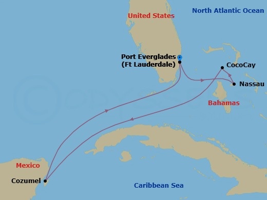6 Night - Perfect Day Cococay & West Carib - Symphony of the Seas - Starting in Fort Lauderdale, Florida, Nassau, Bahamas, Perfect Day Cococay, Bahamas, Cozumel, Mexico, Fort Lauderdale, Florida itinerary map