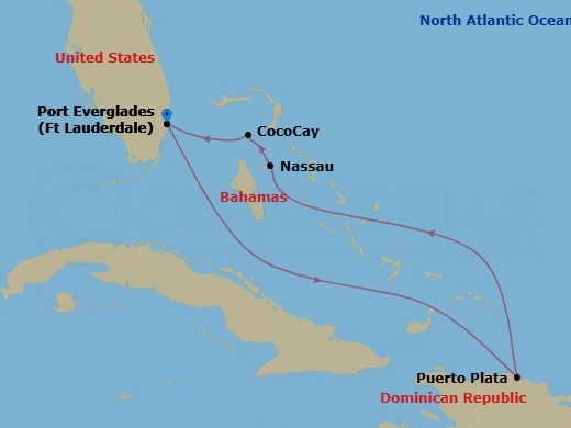 6 Night - Perfect Day Cococay & East Carib - Symphony of the Seas - Starting in Fort Lauderdale, Florida, Puerto Plata, Dominican Republic, Nassau, Bahamas, Perfect Day Cococay, Bahamas, Fort Lauderdale, Florida itinerary map