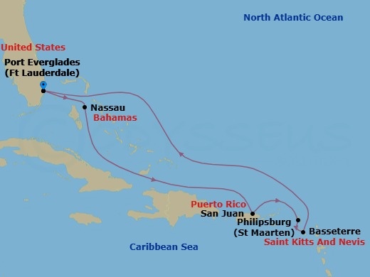 8 Night - Eastern Caribbean Cruise - Symphony of the Seas - Starting in Fort Lauderdale, Florida, Nassau, Bahamas, San Juan, Puerto Rico, Philipsburg, St Maarten, Basseterre, St Kitts and Nevis, Fort Lauderdale, Florida itinerary map