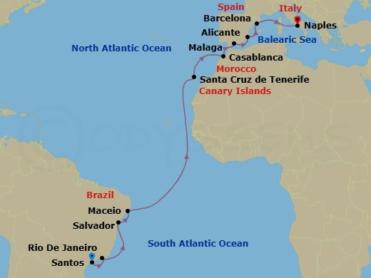 18 Night - Msc Grand Voyages - MSC Divina - Starting in Santos (Sao Paulo), Brazil, Rio De Janeiro, Brazil, Salvador, Brazil, Maceio, Brazil, Santa Cruz de Tenerife, Casablanca (Marrakesh), Morocco, Malaga (Granada), Spain, Alicante, Spain, Barcelona, Spain, Naples (Pompeii), Italy itinerary map