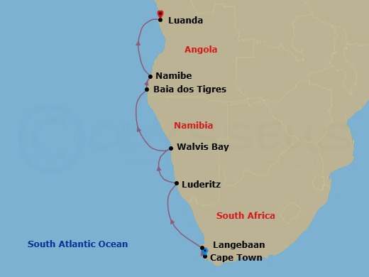 11 Night - Cruising in Namibia : the Skeleton Coast - SH Diana - Starting in Cape Town, Langebaan, Luderitz, Walvis Bay, Ilha Baia Dos Tigres, Namibe, Luanda itinerary map