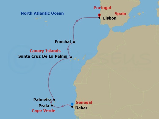 9 Night - West Africa Coast & Atlantic Islands Cruise - SH Diana - Starting in Dakar, Praia, Santiago Island, Palmeira, Sal Island, Santa Cruz de La Palma, Funchal, Madeira Island, Lisbon itinerary map