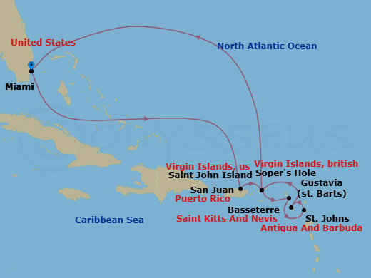11 Night - Miami to Miami - Silver Nova - Starting in Miami, Fl, San Juan, Sopers Hole, Gustavia, St Barthelemy, St Johns, St Kitts (Basseterre), St John VI, Miami, Fl itinerary map
