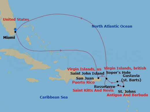 11 Night - Miami to Miami - Silver Nova - Starting in Miami, Fl, San Juan, Sopers Hole, St Kitts (Basseterre), St Johns, Gustavia, St Barthelemy, St John VI, Miami, Fl itinerary map