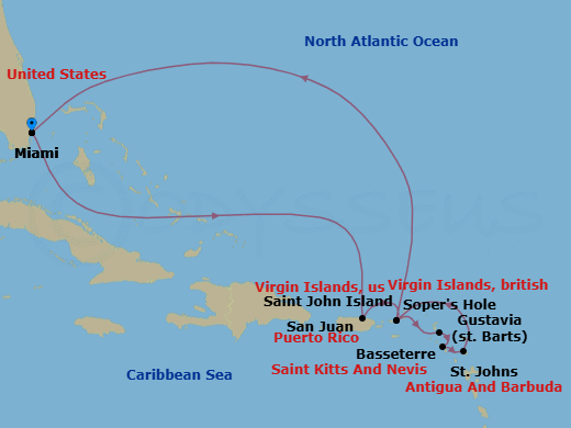 11 Night - Miami to Miami - Silver Nova - Starting in Miami, Fl, San Juan, Sopers Hole, St Kitts (Basseterre), Gustavia, St Barthelemy, St Johns, St John VI, Miami, Fl itinerary map