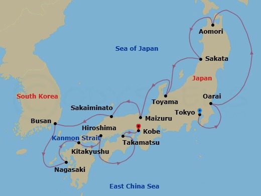 14 Night - Japan Intensive : Kyoto, Hiroshima & Busan - Azamara Pursuit - Starting in Tokyo, Oarai, Aomori, Sakata, Toyama (Imizu), Maizuru, Sakaiminato, Busan, Nagasaki, Kitakyushu, Hiroshima, Cruising the Inland Sea, Takamatsu, Kobe itinerary map
