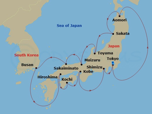15 Night - Japan Intensive Cruise : Tokyo, Hiroshima & Kobe - Azamara Pursuit - Starting in Tokyo, Aomori, Sakata, Toyama (Imizu), Maizuru, Sakaiminato, Busan, Hiroshima, Kochi, Kobe, Mount Fuji (Shimizu), Tokyo itinerary map