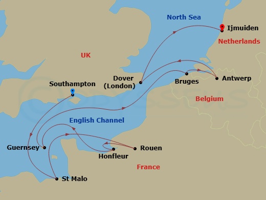 11 Night - Southampton to Ijmuiden - Silver Spirit - Starting in Southampton, Saint Malo (Brittany), Rouen, Honfleur, St Peter Port, Zeebrugge, Antwerp, Dover UK (London), England, Ijmuiden (Amsterdam) itinerary map
