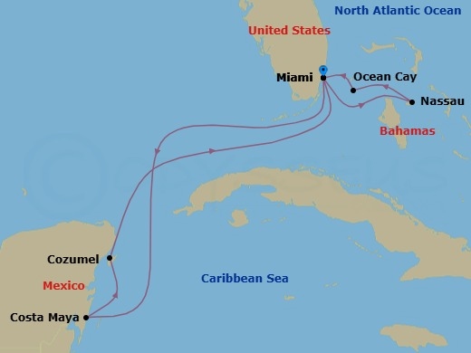 9 Night - Caribbean and Antilles - MSC Seaside - Starting in Miami, Florida, Nassau, Bahamas, Ocean Cay Msc Marine Reserve, Bahamas, Miami, Florida, Costa Maya, Mexico, Cozumel, Mexico, Miami, Florida itinerary map