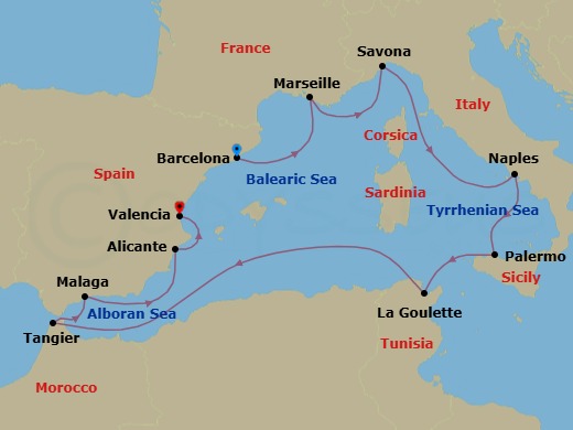 11 Night - Western Mediterranean from Barcelona - Costa Pacifica - Starting in Barcelona, Marseille, Savona, Naples, Palermo, La Goulette (Tunis), Tangier, Malaga, Alicante, Valencia itinerary map