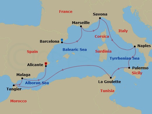 10 Night - Western Mediterranean from Barcelona - Costa Pacifica - Starting in Barcelona, Marseille, Savona, Naples, Palermo, La Goulette (Tunis), Tangier, Malaga, Alicante itinerary map
