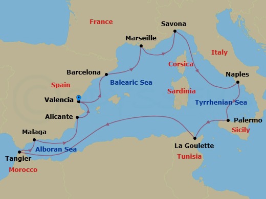 12 Night - Western Mediterranean from Valencia - Costa Pacifica - Starting in Valencia, Barcelona, Marseille, Savona, Naples, Palermo, La Goulette (Tunis), Tangier, Malaga, Alicante, Valencia itinerary map
