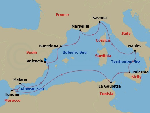11 Night - Western Mediterranean from Valencia - Costa Pacifica - Starting in Valencia, Barcelona, Marseille, Savona, Naples, Palermo, La Goulette (Tunis), Tangier, Malaga, Valencia itinerary map