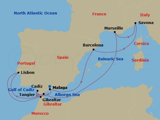 11 Night - Western Mediterranean from Malaga - Costa Diadema - Starting in Malaga, Tangier, Cadiz, Gibraltar, Lisbon, Marseille, Savona, Barcelona, Malaga itinerary map