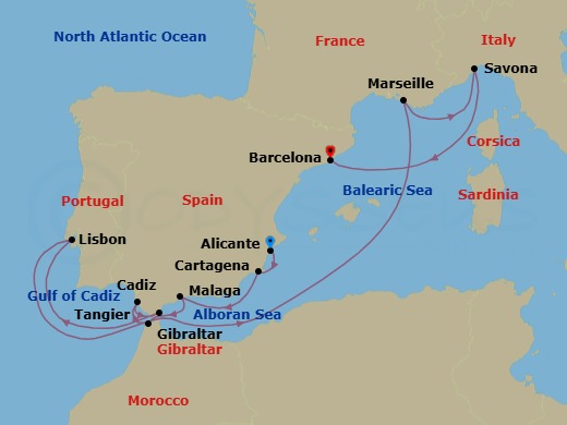 11 Night - Western Mediterranean from Alicante - Costa Diadema - Starting in Alicante, Cartagena ES, Malaga, Tangier, Cadiz, Gibraltar, Lisbon, Marseille, Savona, Barcelona itinerary map