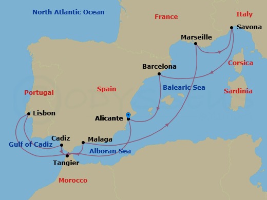 10 Night - Western Mediterranean from Alicante - Costa Diadema - Starting in Alicante, Lisbon, Cadiz, Tangier, Malaga, Marseille, Savona, Barcelona, Alicante itinerary map