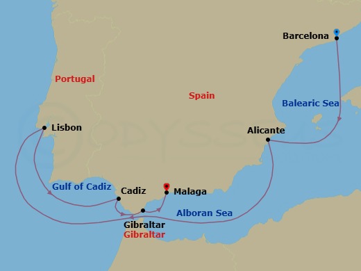 6 Night - Western Mediterranean from Barcelona - Costa Diadema - Starting in Barcelona, Alicante, Lisbon, Cadiz, Gibraltar, Malaga itinerary map