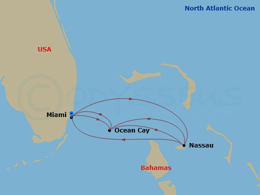 7 Night - Caribbean and Antilles - MSC Seaside - Starting in Miami, Florida, Ocean Cay Msc Marine Reserve, Bahamas, Nassau, Bahamas, Miami, Florida, Nassau, Bahamas, Ocean Cay Msc Marine Reserve, Bahamas, Miami, Florida itinerary map