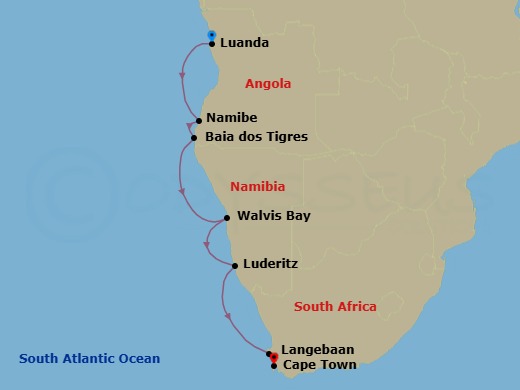 12 Night - Southwest Africa Cruise from Angola to South Africa - SH Diana - Starting in Luanda, Namibe, Ilha Baia Dos Tigres, Walvis Bay, Luderitz, Langebaan, Cape Town itinerary map