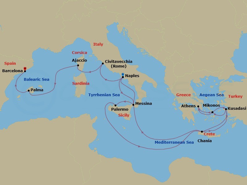 17 Night - Mediterranean with Greece, Italy & Turkey - Sun Princess - Starting in Naples, Italy (for Capri and Pompeii), Sicily (Messina), Italy, Sicily (Palermo), Italy, Crete (Chania), Greece, Kusadasi, Turkey (for Ephesus), Mykonos, Greece, Athens (Piraeus), Greece, Mykonos, Greece, Kusadasi, Turkey (for Ephesus), Crete (Chania), Greece, Naples, Italy (for Capri and Pompeii), Civitavecchia (for Rome), Italy, Corsica (Ajaccio), France, Mallorca (Palma), Spain, Barcelona, Spain itinerary map