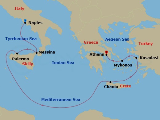 7 Night - Mediterranean with Italy & Turkey - Sun Princess - Starting in Naples, Italy (for Capri and Pompeii), Sicily (Messina), Italy, Sicily (Palermo), Italy, Crete (Chania), Greece, Kusadasi, Turkey (for Ephesus), Mykonos, Greece, Athens (Piraeus), Greece itinerary map