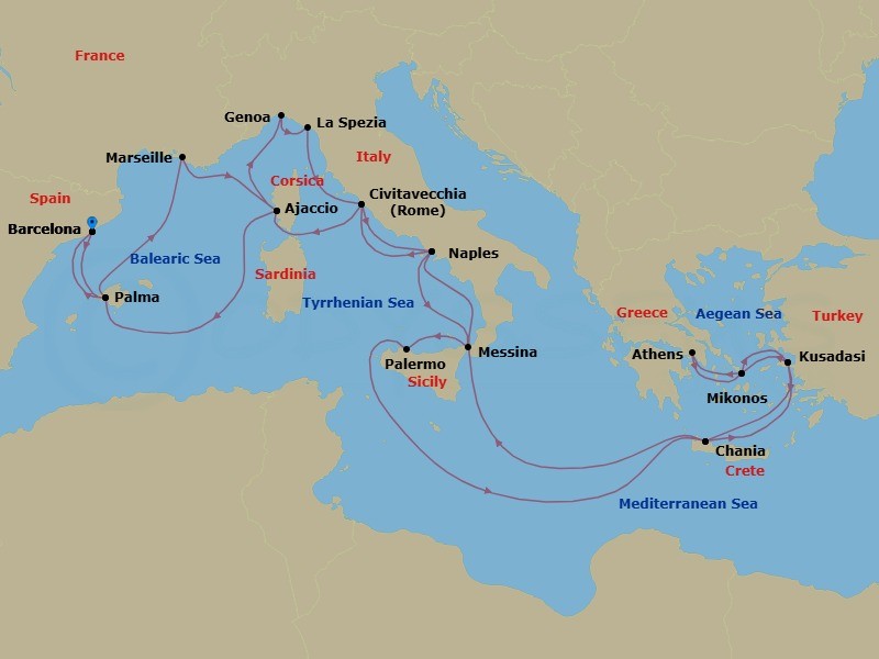 24 Night - The Best of the Mediterranean - Sun Princess - Starting in Barcelona, Spain, Mallorca (Palma), Spain, Marseille (Provence), France, Corsica (Ajaccio), France, Genoa (for Cinque Terre), Italy, La Spezia (for Florence / Pisa), Italy, Civitavecchia (for Rome), Italy, Naples, Italy (for Capri and Pompeii), Sicily (Messina), Italy, Sicily (Palermo), Italy, Crete (Chania), Greece, Kusadasi, Turkey (for Ephesus), Mykonos, Greece, Athens (Piraeus), Greece, Mykonos, Greece, Kusadasi, Turkey (for Ephesus), Crete (Chania), Greece, Naples, Italy (for Capri and Pompeii), Civitavecchia (for Rome), Italy, Corsica (Ajaccio), France, Mallorca (Palma), Spain, Barcelona, Spain itinerary map