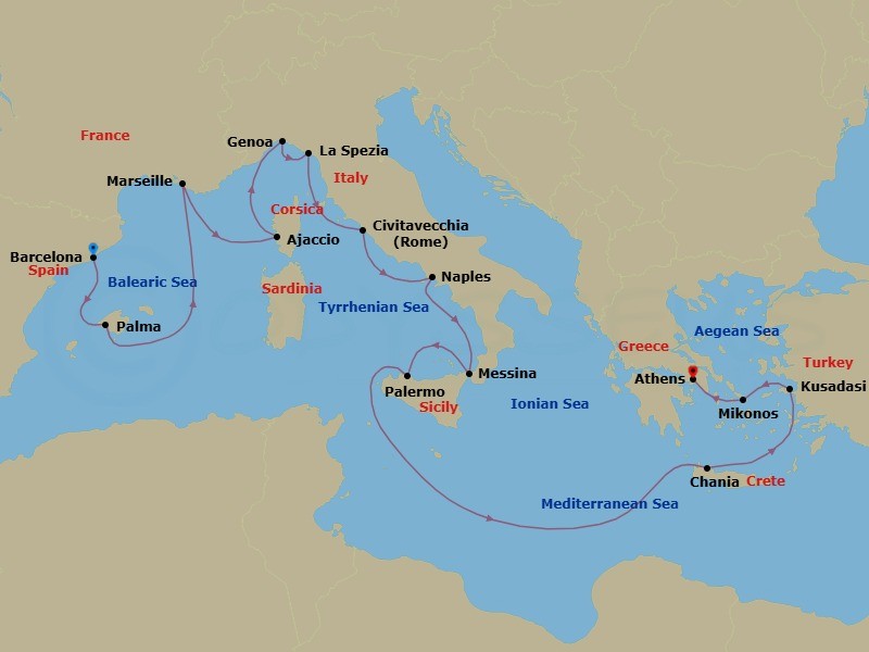 14 Night - Mediterranean with Greece, Italy & Turkey - Sun Princess - Starting in Barcelona, Spain, Mallorca (Palma), Spain, Marseille (Provence), France, Corsica (Ajaccio), France, Genoa (for Cinque Terre), Italy, La Spezia (for Florence / Pisa), Italy, Civitavecchia (for Rome), Italy, Naples, Italy (for Capri and Pompeii), Sicily (Messina), Italy, Sicily (Palermo), Italy, Crete (Chania), Greece, Kusadasi, Turkey (for Ephesus), Mykonos, Greece, Athens (Piraeus), Greece itinerary map